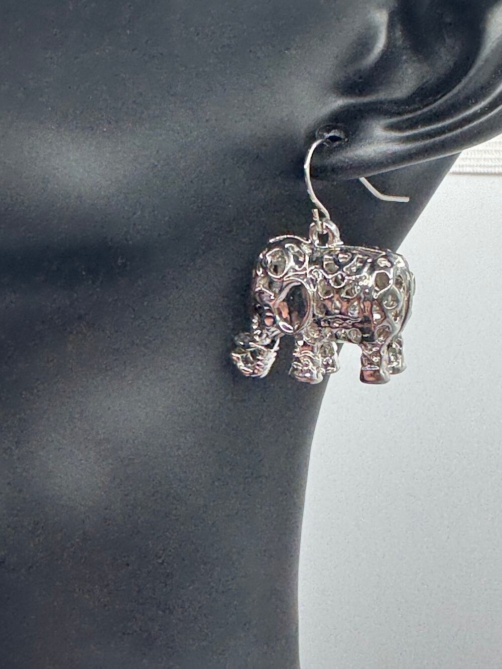 Silver Tone Elephant Dangle Earrings Openwork Boho Pierced